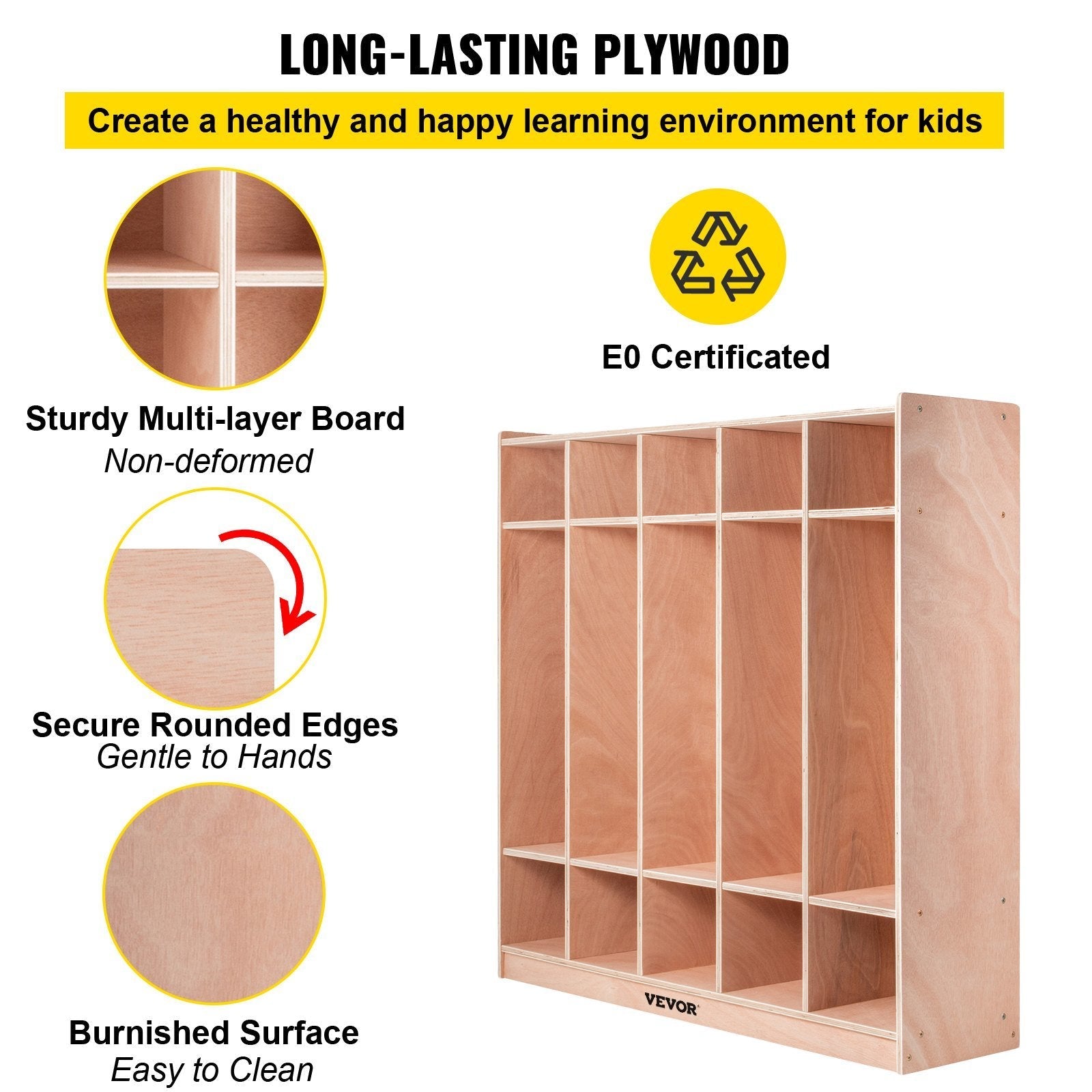 VEVOR Preschool Cubby Lockers 5-Section Plywood Birch Coat Locker 15MM Thickness Kids Locker for Home 48.4 Inch High Durable Classroom Lockers for Toddlers and Kids Commercial or Personal Use - Renee Lane Company