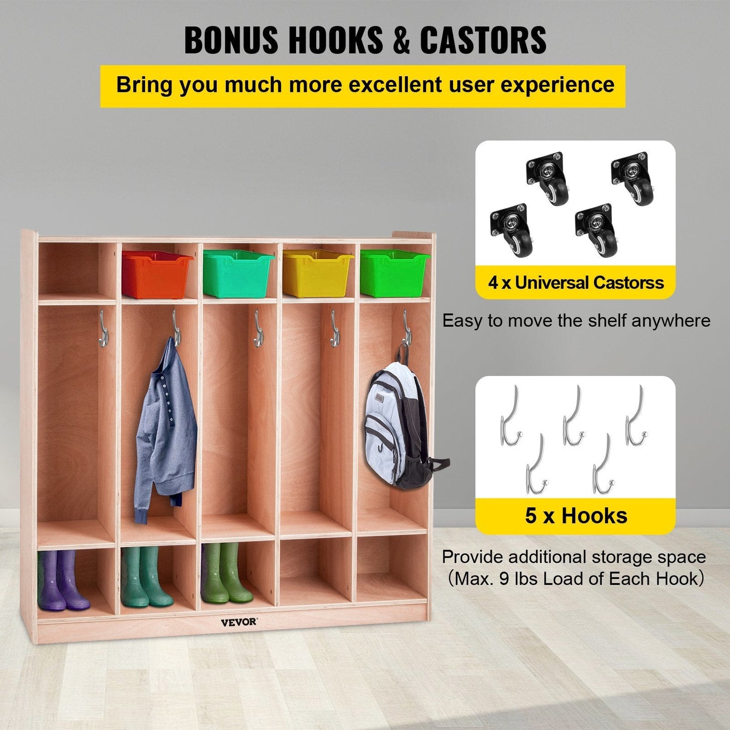 VEVOR Preschool Cubby Lockers 5-Section Plywood Birch Coat Locker 15MM Thickness Kids Locker for Home 48.4 Inch High Durable Classroom Lockers for Toddlers and Kids Commercial or Personal Use - Renee Lane Company