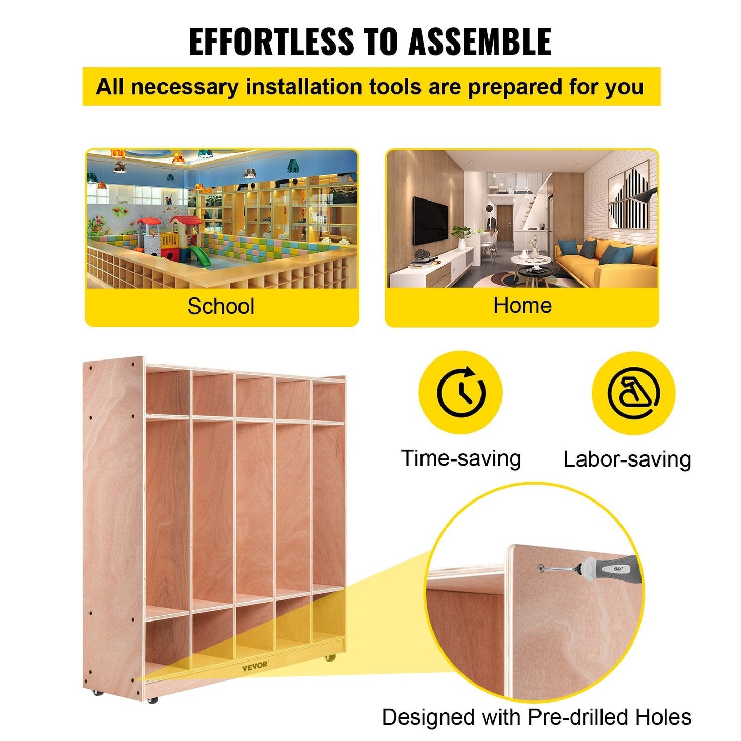 VEVOR Preschool Cubby Lockers 5-Section Plywood Birch Coat Locker 15MM Thickness Kids Locker for Home 48.4 Inch High Durable Classroom Lockers for Toddlers and Kids Commercial or Personal Use - Renee Lane Company