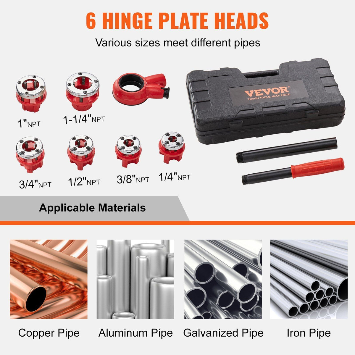 VEVOR Ratchet Pipe Threader Kit, 1/4" NPT - 1-1/4" NPT Manual Ratcheting Pipe Threader, Portable Pipe Threading Tool Set with 6PCS NPT Dies, Storage Case for Galvanized Aluminum Iron Copper Pipes - Renee Lane Company