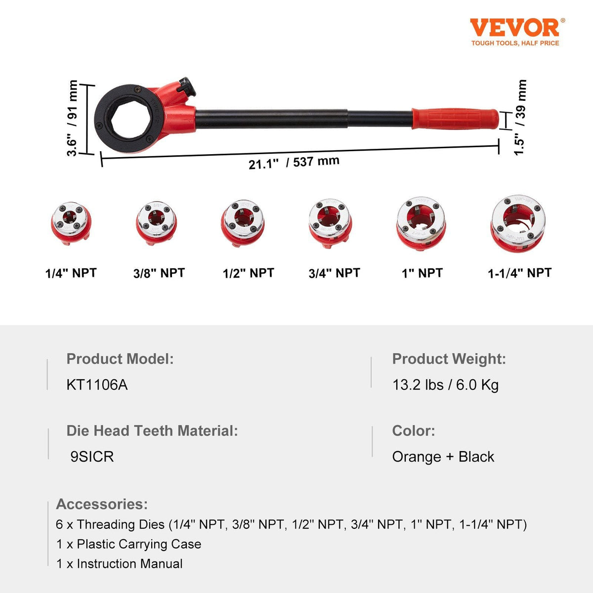 VEVOR Ratchet Pipe Threader Kit, 1/4" NPT - 1-1/4" NPT Manual Ratcheting Pipe Threader, Portable Pipe Threading Tool Set with 6PCS NPT Dies, Storage Case for Galvanized Aluminum Iron Copper Pipes - Renee Lane Company