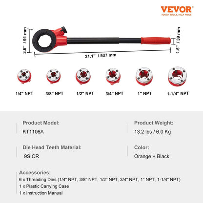 VEVOR Ratchet Pipe Threader Kit, 1/4" NPT - 1-1/4" NPT Manual Ratcheting Pipe Threader, Portable Pipe Threading Tool Set with 6PCS NPT Dies, Storage Case for Galvanized Aluminum Iron Copper Pipes - Renee Lane Company