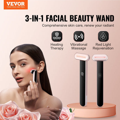 VEVOR Red Light Therapy Wand for Face and Neck, 3-in-1 LED Facial Wand Red Light Therapy Device with Heating Therapy| Vibrating Facial Massage, Portable LED Beauty Wand - Renee Lane Company