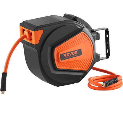VEVOR Retractable Air Hose Reel, 3/8 IN x 50 FT Hybrid Air Hose Max 300PSI, Air Compressor Hose Reel with 5 ft Lead in, Ceiling / Wall Mount Enclosed Air Reel, 180° Swivel Mount - Renee Lane Company