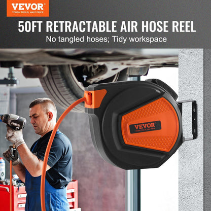 VEVOR Retractable Air Hose Reel, 3/8 IN x 50 FT Hybrid Air Hose Max 300PSI, Air Compressor Hose Reel with 5 ft Lead in, Ceiling / Wall Mount Enclosed Air Reel, 180° Swivel Mount - Renee Lane Company