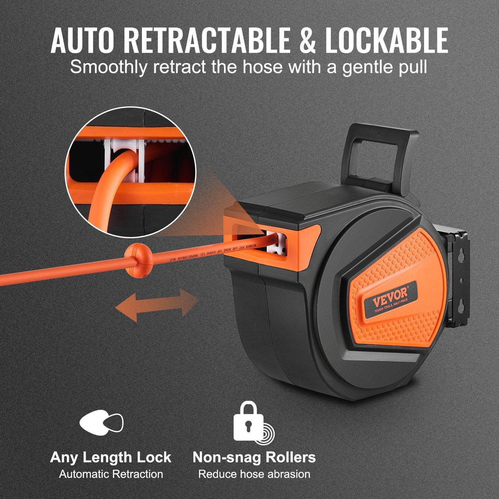 VEVOR Retractable Air Hose Reel, 3/8 IN x 50 FT Hybrid Air Hose Max 300PSI, Air Compressor Hose Reel with 5 ft Lead in, Ceiling / Wall Mount Enclosed Air Reel, 180° Swivel Mount - Renee Lane Company