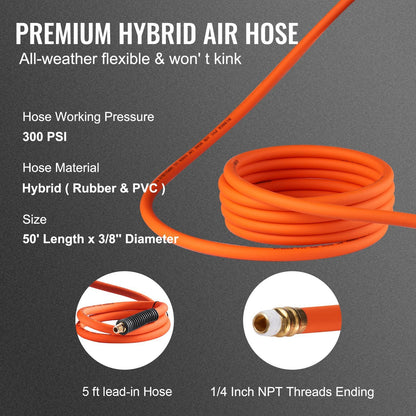 VEVOR Retractable Air Hose Reel, 3/8 IN x 50 FT Hybrid Air Hose Max 300PSI, Air Compressor Hose Reel with 5 ft Lead in, Ceiling / Wall Mount Enclosed Air Reel, 180° Swivel Mount - Renee Lane Company