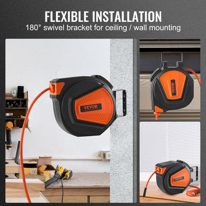 VEVOR Retractable Air Hose Reel, 3/8 IN x 50 FT Hybrid Air Hose Max 300PSI, Air Compressor Hose Reel with 5 ft Lead in, Ceiling / Wall Mount Enclosed Air Reel, 180° Swivel Mount - Renee Lane Company