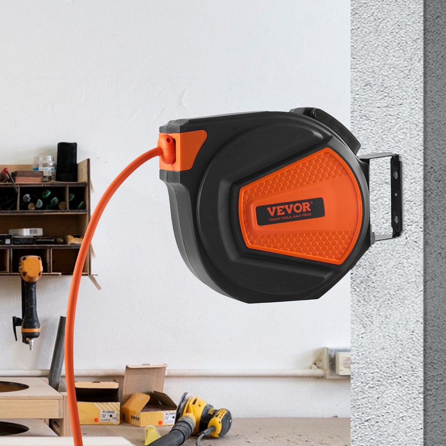 VEVOR Retractable Air Hose Reel, 3/8 IN x 50 FT Hybrid Air Hose Max 300PSI, Air Compressor Hose Reel with 5 ft Lead in, Ceiling / Wall Mount Enclosed Air Reel, 180° Swivel Mount - Renee Lane Company