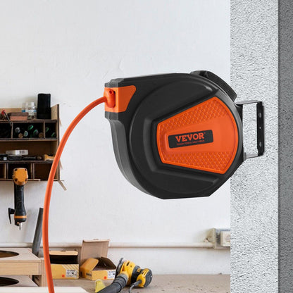 VEVOR Retractable Air Hose Reel, 3/8 IN x 50 FT Hybrid Air Hose Max 300PSI, Air Compressor Hose Reel with 5 ft Lead in, Ceiling / Wall Mount Enclosed Air Reel, 180° Swivel Mount - Renee Lane Company