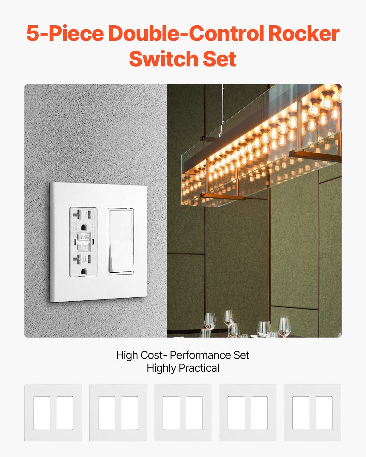 VEVOR Rocker Light Switch Wall Plates, 2-Gang Decorative Outlet Covers,Standard Size 4.57in L x 4.53in H Unbreakable Polycarbonate Thermoplastic Faceplate for Receptacle Outlet&Switch(5 Pack, White) - Renee Lane Company
