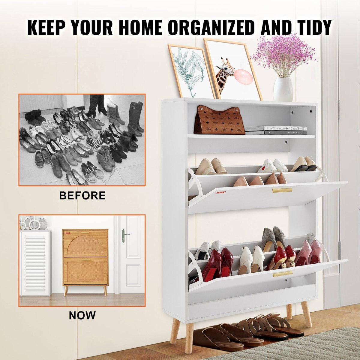 VEVOR Shoe Cabinet with 2 Flip Drawers, Shoe Storage Cabinet for Entryway, Free Standing Shoe Storage Organizer with Top Storage Cubby for Heels, Boots, Slippers in Hallway, Living Room - Renee Lane Company