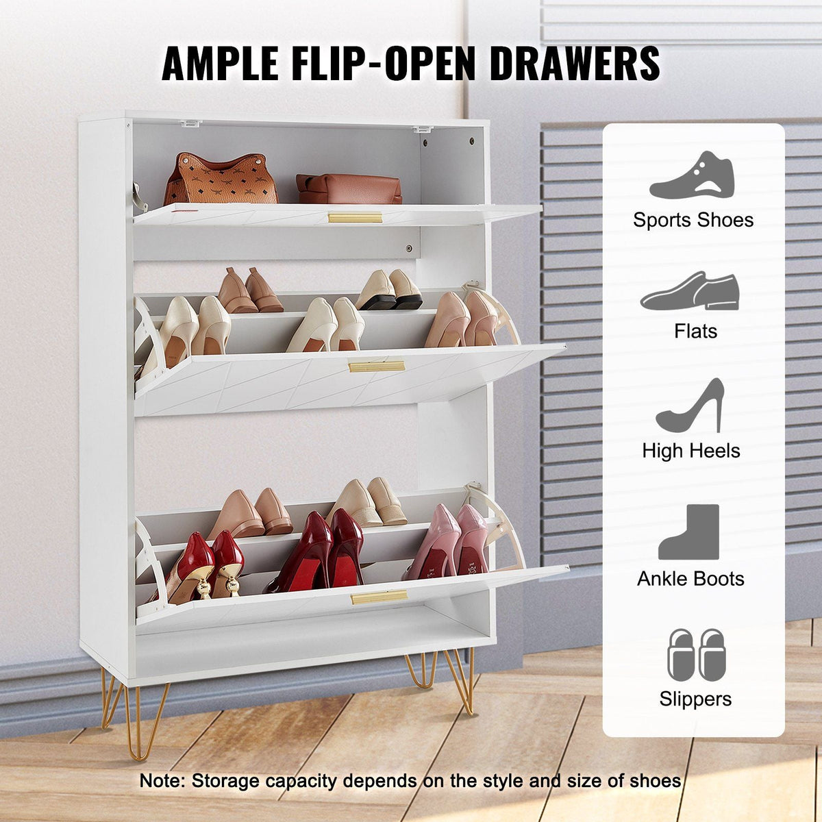 VEVOR Shoe Cabinet with 3 Flip Drawers, Shoe Storage Cabinet for Entryway, Free Standing Shoe Storage Organizer for Heels, Boots, Slippers in Hallway, Living Room - Renee Lane Company