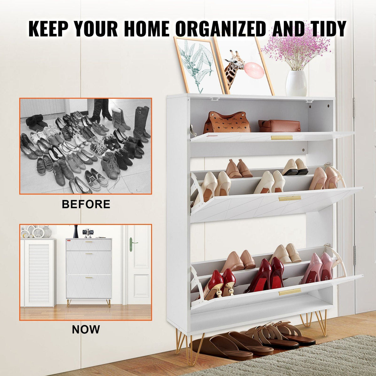 VEVOR Shoe Cabinet with 3 Flip Drawers, Shoe Storage Cabinet for Entryway, Free Standing Shoe Storage Organizer for Heels, Boots, Slippers in Hallway, Living Room - Renee Lane Company