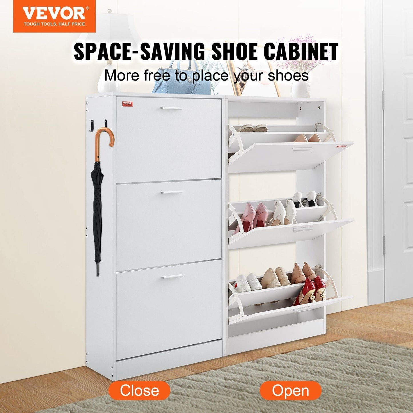 VEVOR Shoe Cabinet with 3 Flip Drawers, Shoe Storage Cabinet for Entryway, Free Standing Shoe Storage Organizer with Side Hooks for Heels, Boots, Slippers in Hallway, Living Room - Renee Lane Company