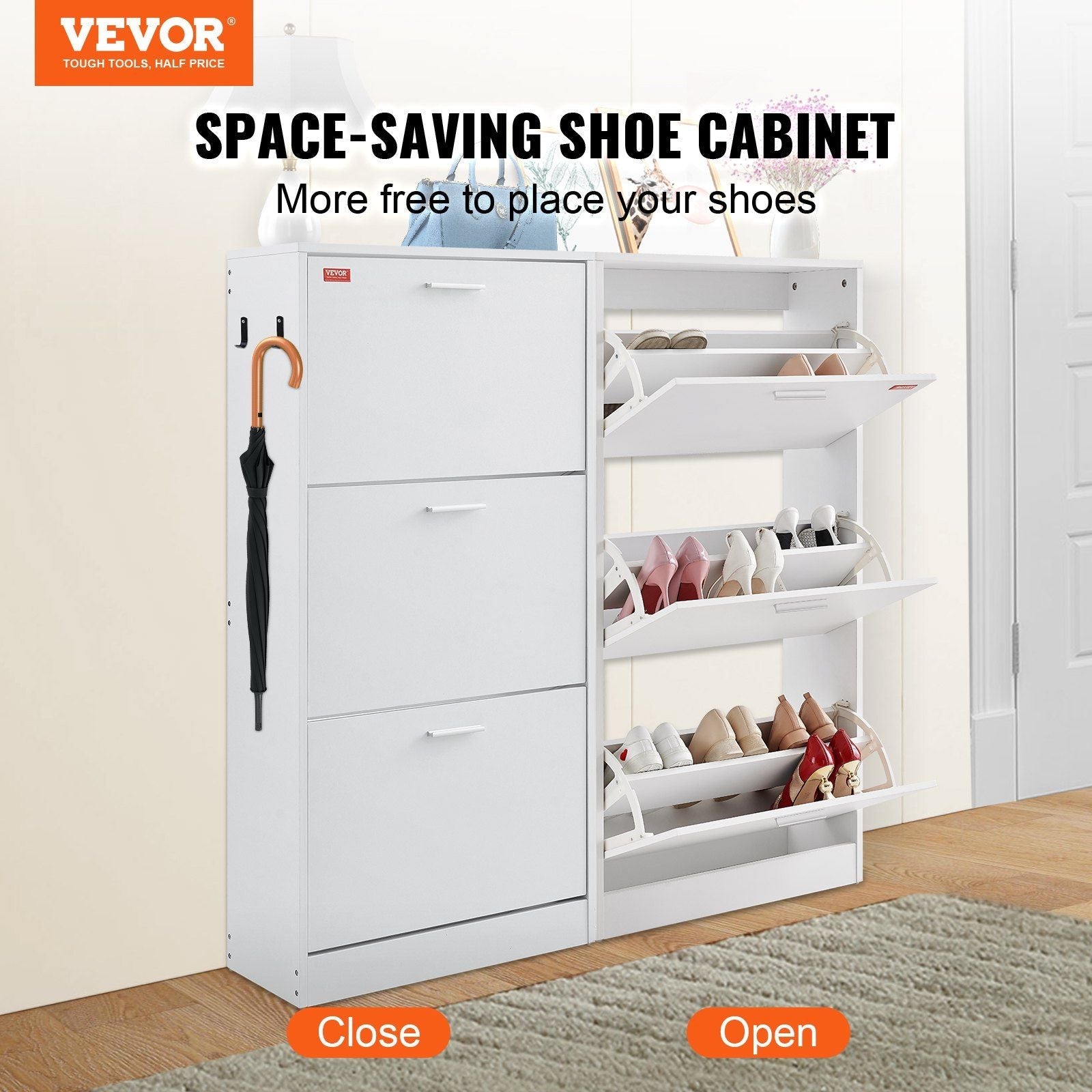 VEVOR Shoe Cabinet with 3 Flip Drawers, Shoe Storage Cabinet for Entryway, Free Standing Shoe Storage Organizer with Side Hooks for Heels, Boots, Slippers in Hallway, Living Room - Renee Lane Company
