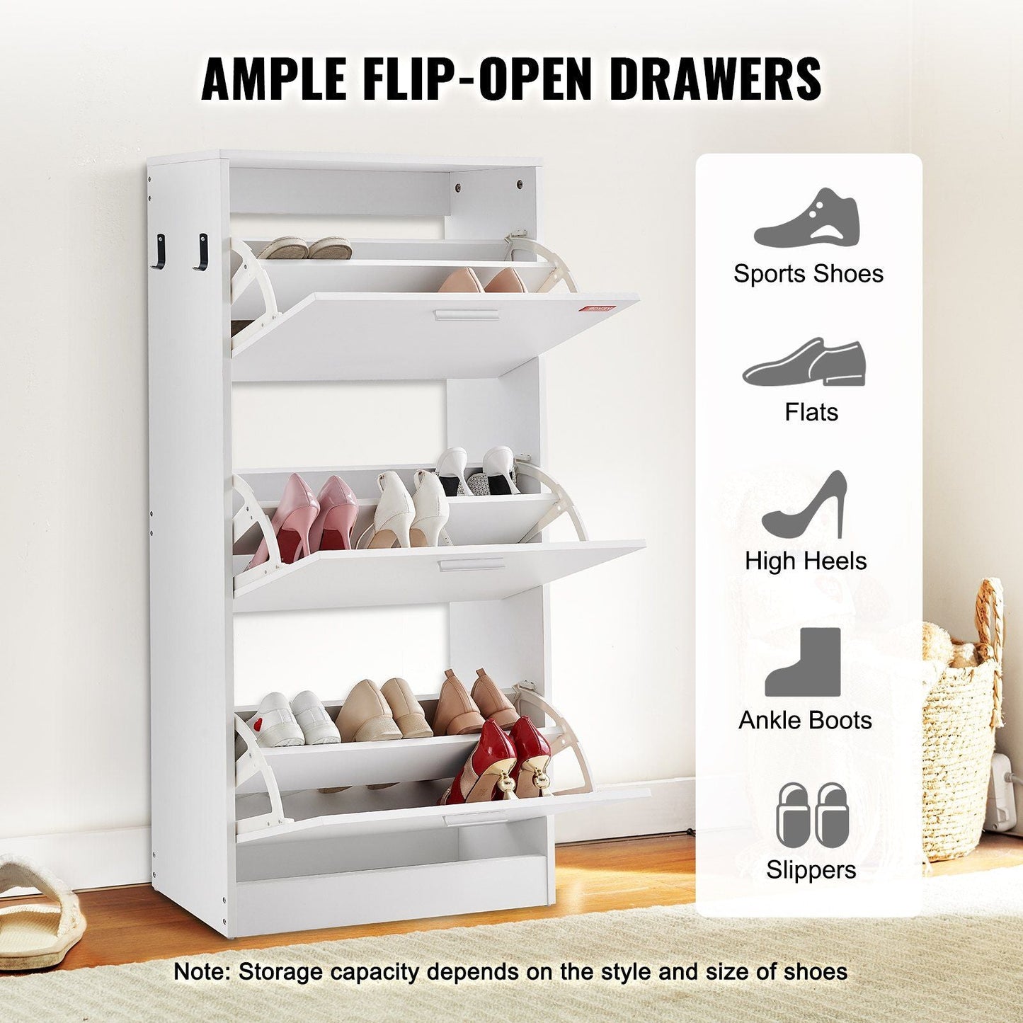 VEVOR Shoe Cabinet with 3 Flip Drawers, Shoe Storage Cabinet for Entryway, Free Standing Shoe Storage Organizer with Side Hooks for Heels, Boots, Slippers in Hallway, Living Room - Renee Lane Company