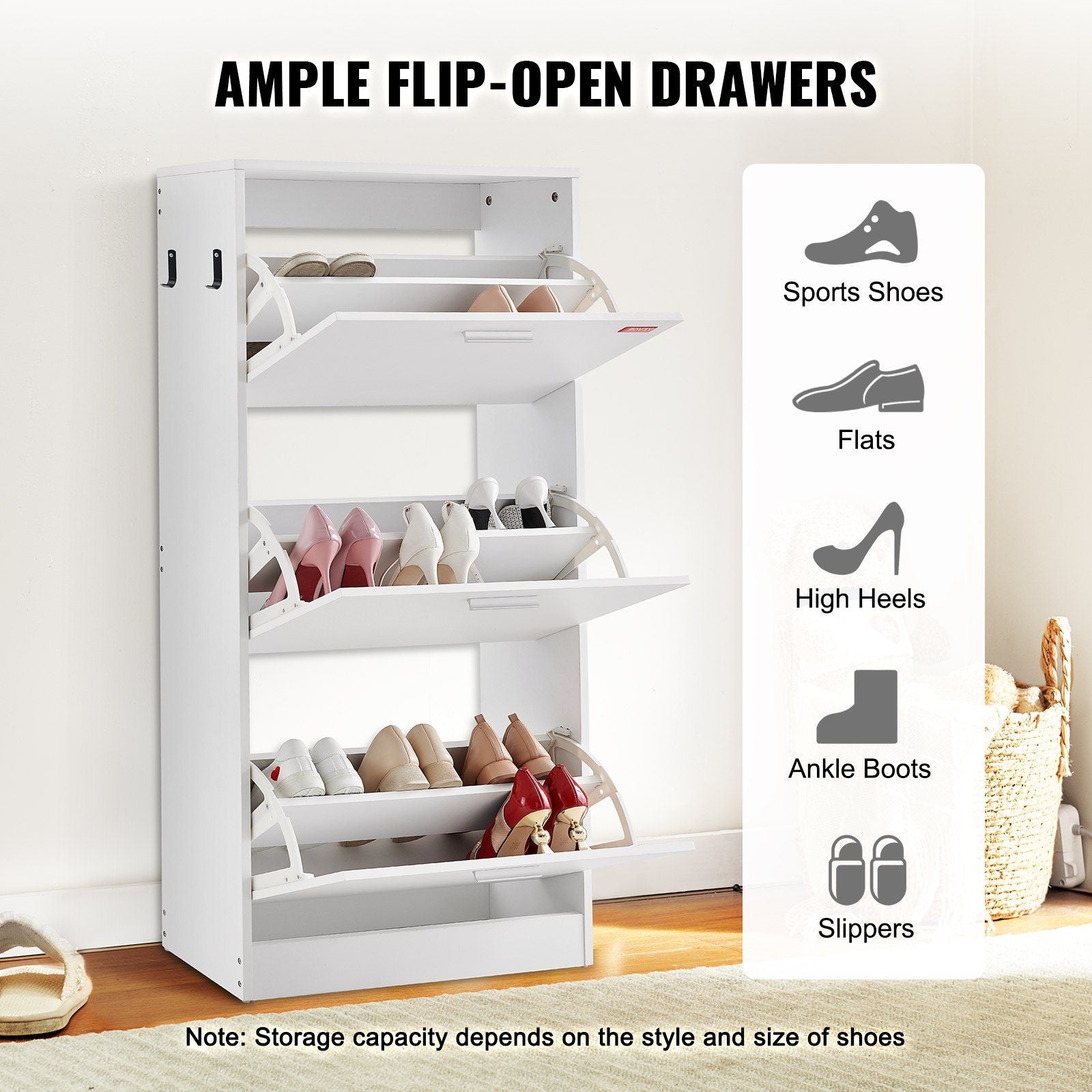 VEVOR Shoe Cabinet with 3 Flip Drawers, Shoe Storage Cabinet for Entryway, Free Standing Shoe Storage Organizer with Side Hooks for Heels, Boots, Slippers in Hallway, Living Room - Renee Lane Company
