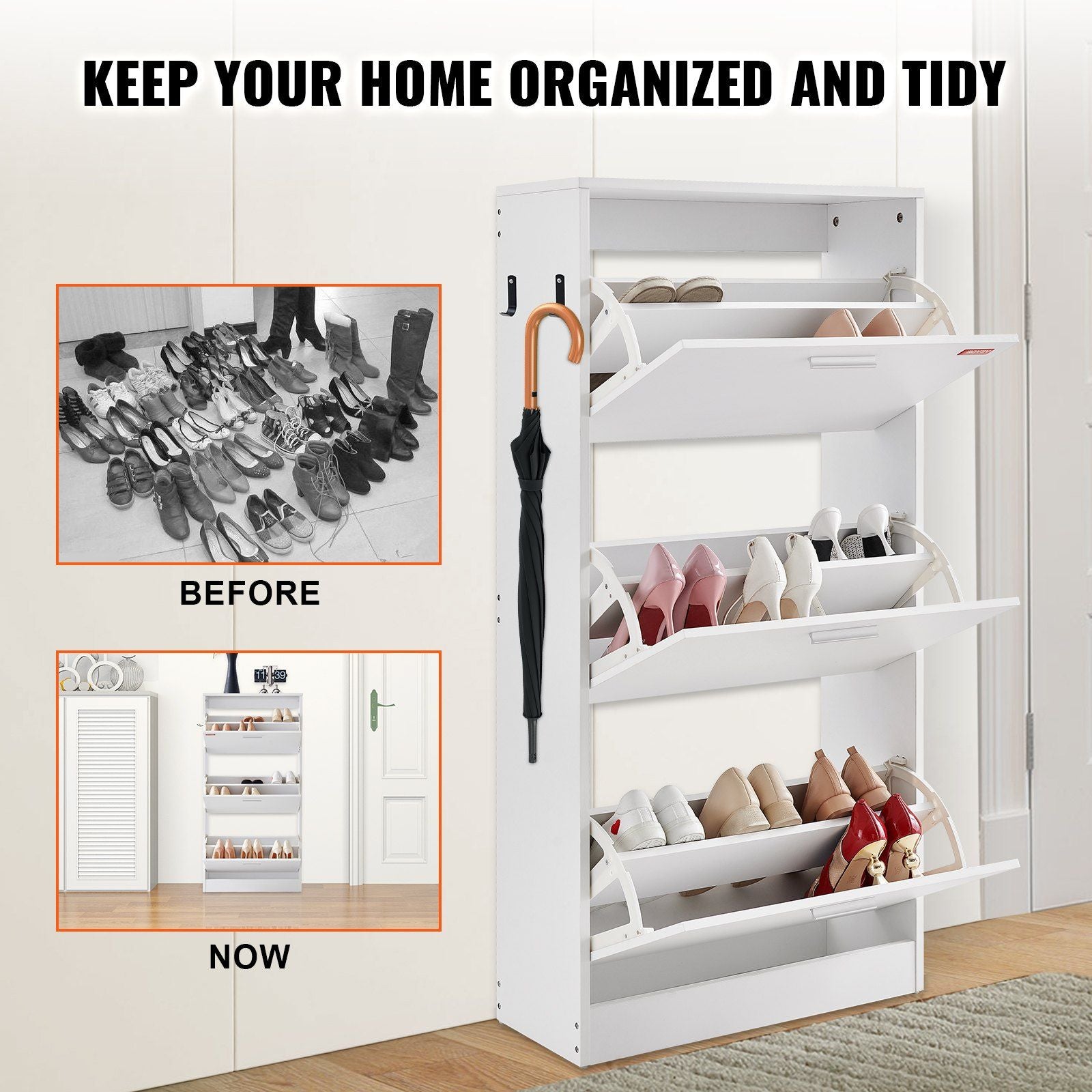 VEVOR Shoe Cabinet with 3 Flip Drawers, Shoe Storage Cabinet for Entryway, Free Standing Shoe Storage Organizer with Side Hooks for Heels, Boots, Slippers in Hallway, Living Room - Renee Lane Company