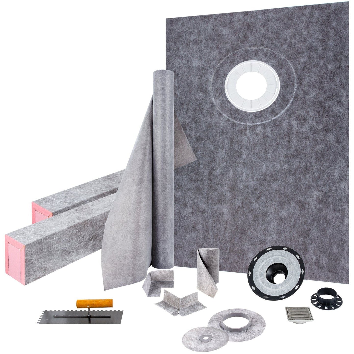 VEVOR Shower Curb Kit, 38"x60" Watertight Shower Curb Overlay with 4\" ABS Offset Bonding Flange, 4\" Stainless Steel Grate, 2 Cuttable Shower Curb and Trowel, Shower Pan Slope Sticks Fit for Bathro - Renee Lane Company
