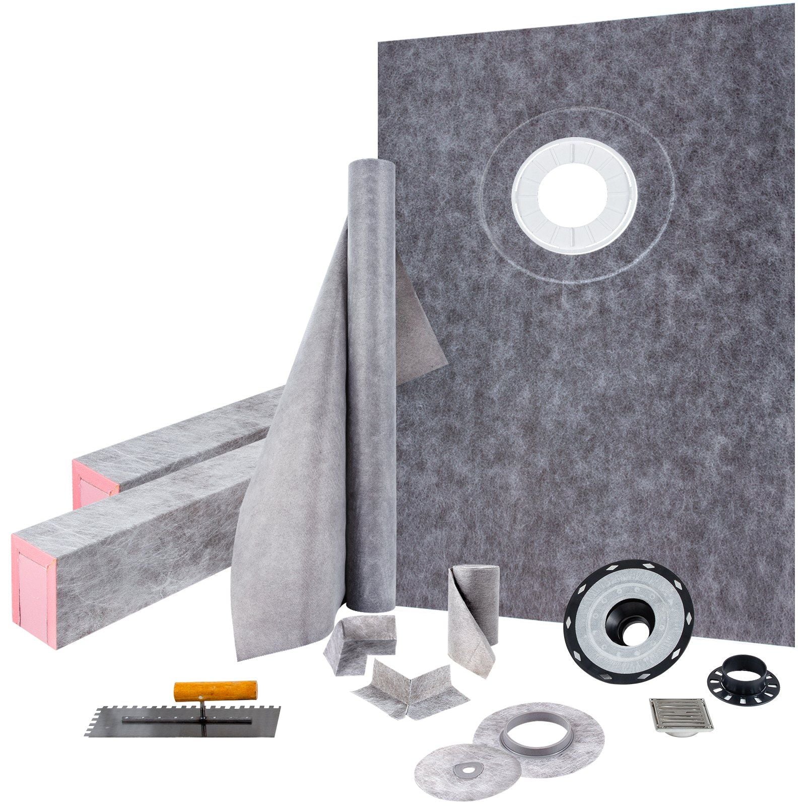 VEVOR Shower Curb Kit, 38"x60" Watertight Shower Curb Overlay with 4\" ABS Offset Bonding Flange, 4\" Stainless Steel Grate, 2 Cuttable Shower Curb and Trowel, Shower Pan Slope Sticks Fit for Bathro - Renee Lane Company