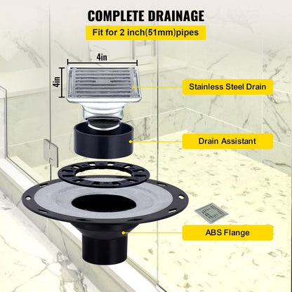 VEVOR Shower Curb Kit, 38"x60" Watertight Shower Curb Overlay with 4\" ABS Offset Bonding Flange, 4\" Stainless Steel Grate, 2 Cuttable Shower Curb and Trowel, Shower Pan Slope Sticks Fit for Bathro - Renee Lane Company