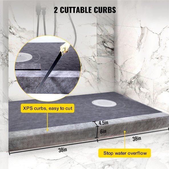 VEVOR Shower Curb Kit, 38"x60" Watertight Shower Curb Overlay with 4\" ABS Offset Bonding Flange, 4\" Stainless Steel Grate, 2 Cuttable Shower Curb and Trowel, Shower Pan Slope Sticks Fit for Bathro - Renee Lane Company
