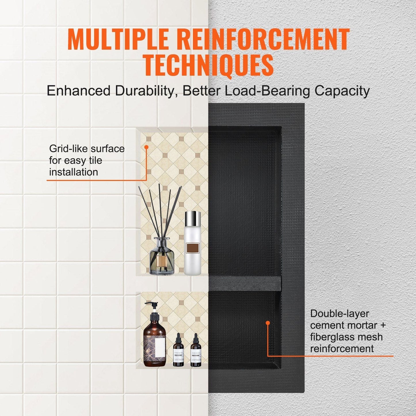 VEVOR Shower Niche Ready for Tile 16" x 24", Double Shelf Organizer, Square Corners Wall-inserted Niche Recessed, Sealed Protection Modern Soap Storage Niche for Shower Bathroom, Black - Renee Lane Company