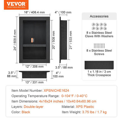 VEVOR Shower Niche Ready for Tile 16" x 24", Double Shelf Organizer, Square Corners Wall-inserted Niche Recessed, Sealed Protection Modern Soap Storage Niche for Shower Bathroom, Black - Renee Lane Company