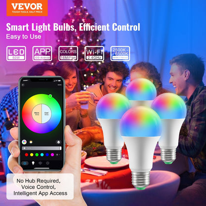 VEVOR Smart Light Bulbs, 4-Pack, 9W Multicolor LED Bulbs, 800 Lumens with Smart Control Compatibility for Vera, Google Assistant, Amazon Alexa, iOS, Android, RGB Color Changing - Renee Lane Company