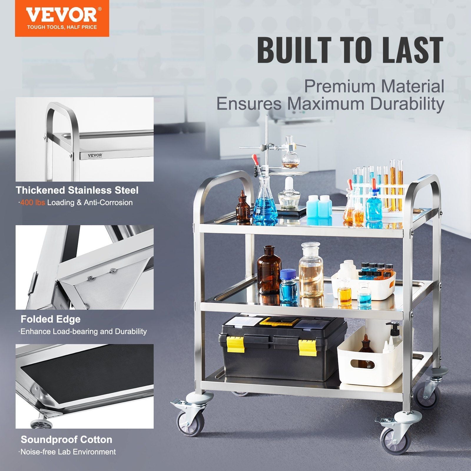 VEVOR Stainless Steel Cart, 3 Layers Lab Utility Cart 400 lbs Weight Capacity, Medical Cart with Lockable Universal Wheels, for Lab, Clinic, Kitchen, Salon - Renee Lane Company
