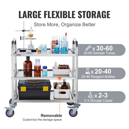 VEVOR Stainless Steel Cart, 3 Layers Lab Utility Cart 400 lbs Weight Capacity, Medical Cart with Lockable Universal Wheels, for Lab, Clinic, Kitchen, Salon - Renee Lane Company