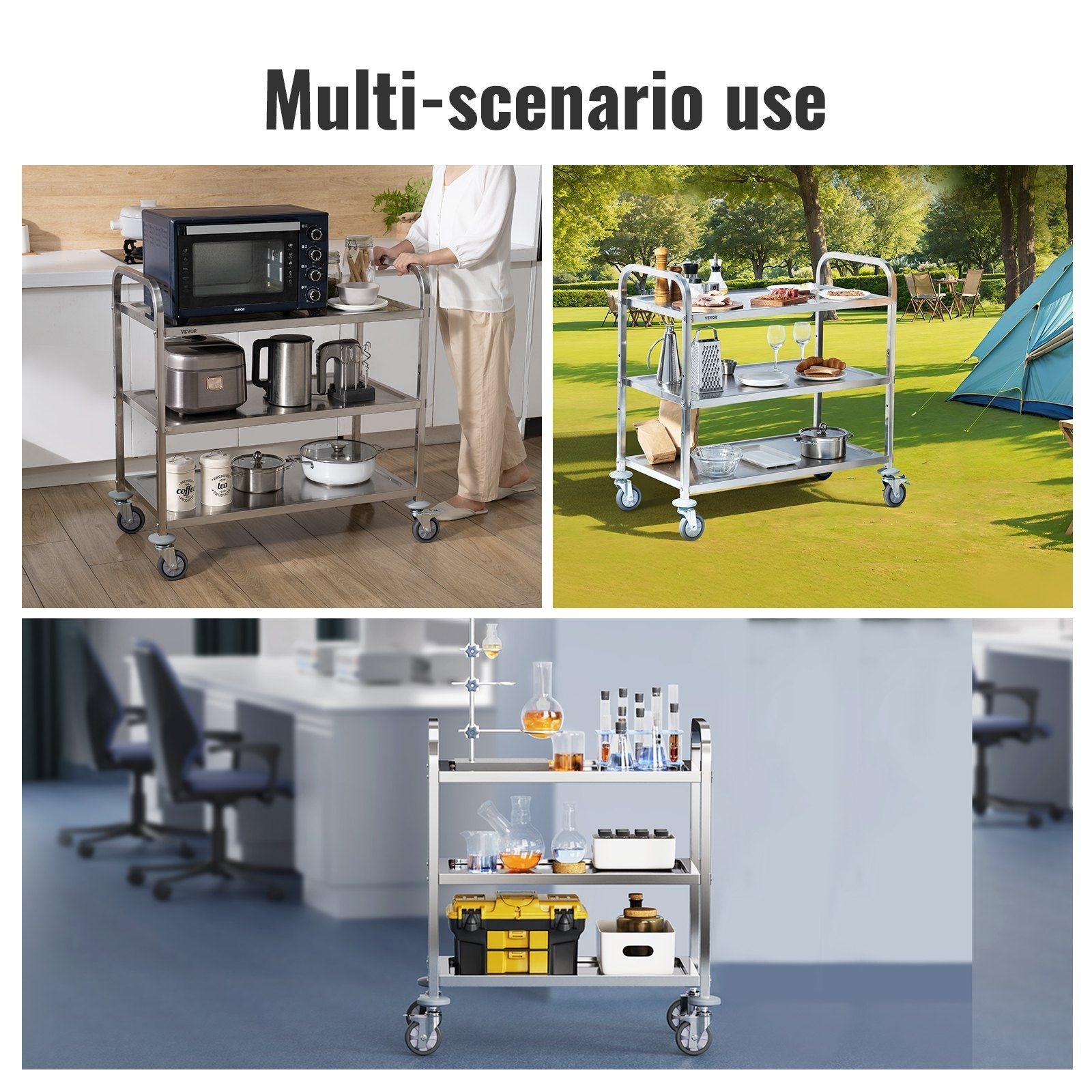 VEVOR Stainless Steel Cart, 3 Layers Lab Utility Cart 400 lbs Weight Capacity, Medical Cart with Lockable Universal Wheels, for Lab, Clinic, Kitchen, Salon - Renee Lane Company