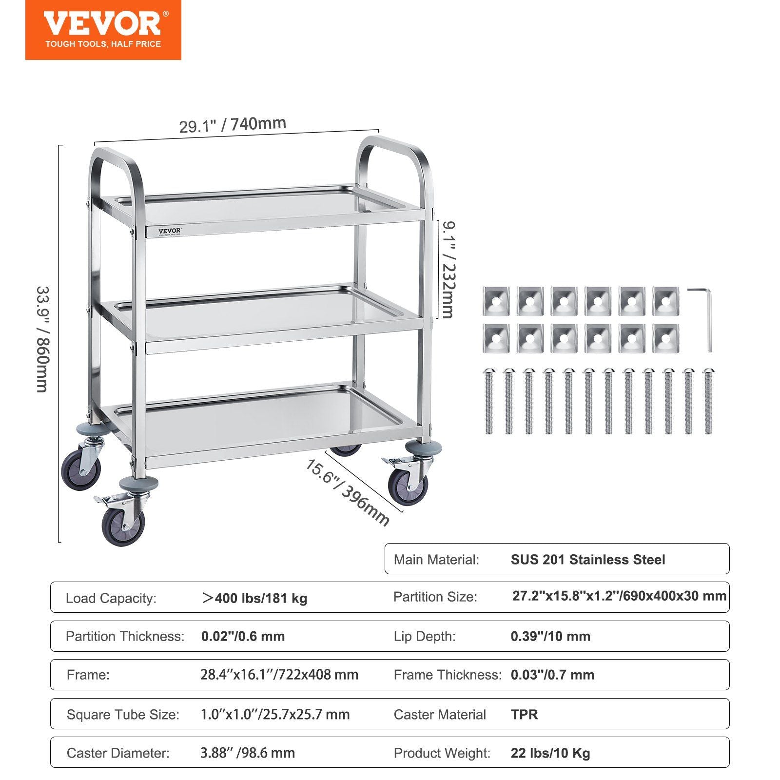 VEVOR Stainless Steel Cart, 3 Layers Lab Utility Cart 400 lbs Weight Capacity, Medical Cart with Lockable Universal Wheels, for Lab, Clinic, Kitchen, Salon - Renee Lane Company