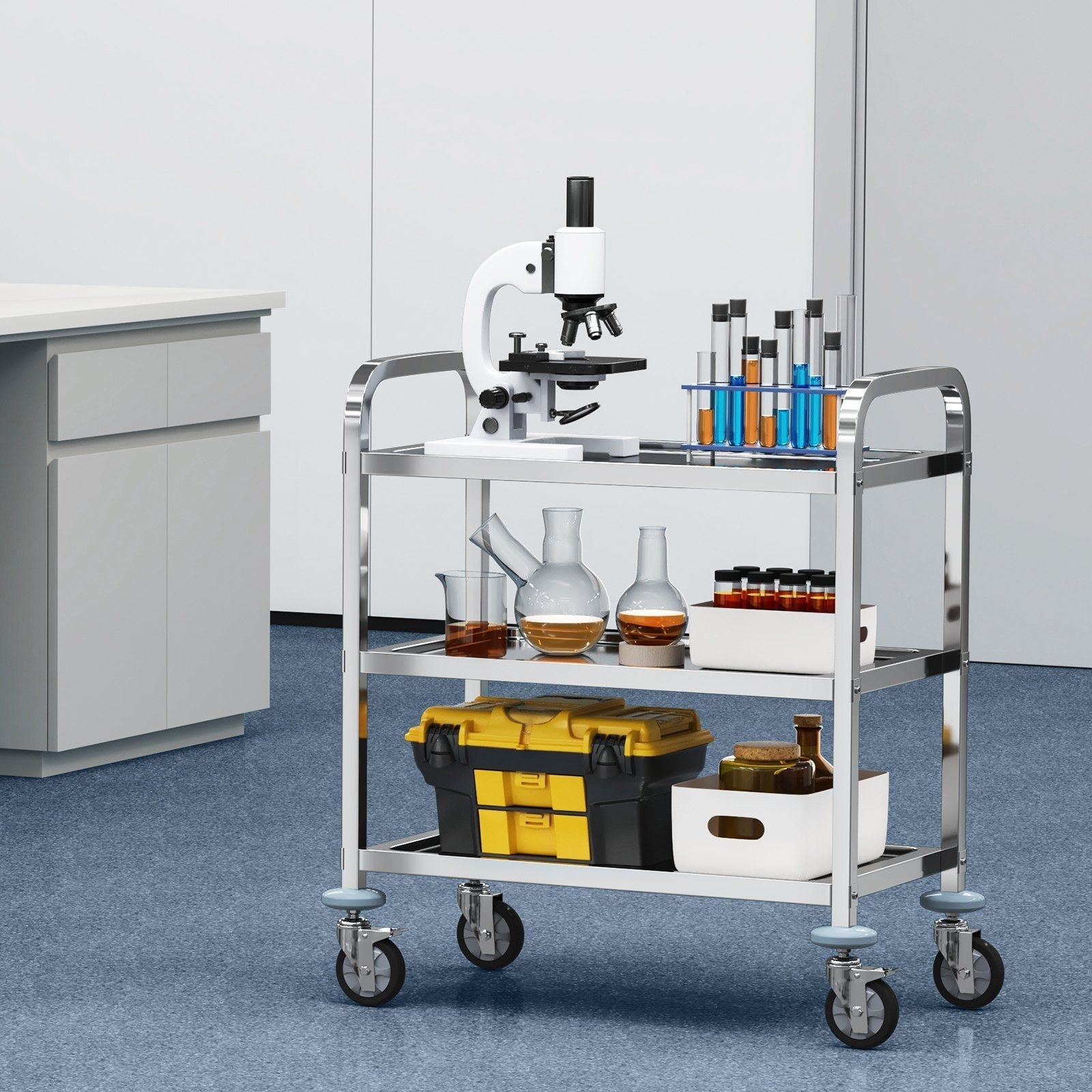 VEVOR Stainless Steel Cart, 3 Layers Lab Utility Cart 400 lbs Weight Capacity, Medical Cart with Lockable Universal Wheels, for Lab, Clinic, Kitchen, Salon - Renee Lane Company