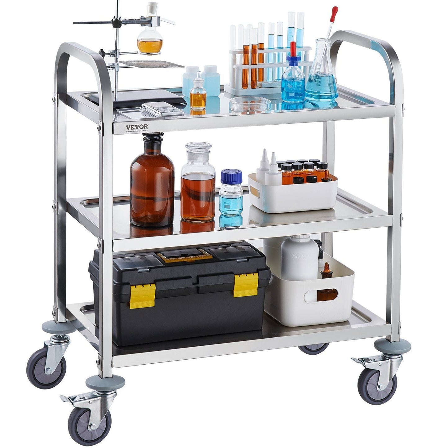 VEVOR Stainless Steel Cart, 3 Layers Lab Utility Cart 400 lbs Weight Capacity, Medical Cart with Lockable Universal Wheels, for Lab, Clinic, Kitchen, Salon - Renee Lane Company