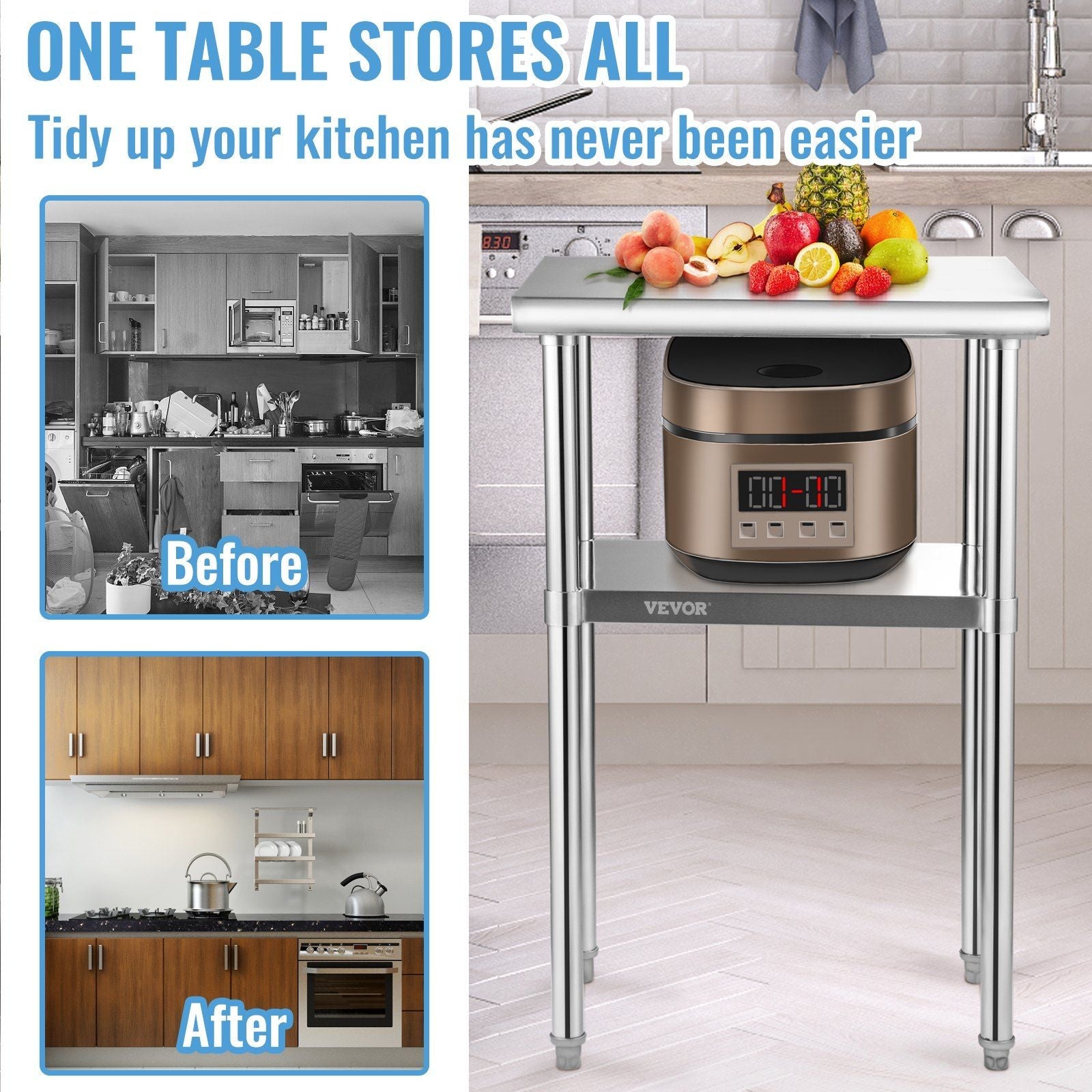 VEVOR Stainless Steel Prep Table, 24 x 18 x 36 Inch, 600lbs Load Capacity Heavy Duty Metal Worktable with Adjustable Undershelf & Feet, Commercial Workstation for Kitchen Restaurant Garage Backyard - Renee Lane Company
