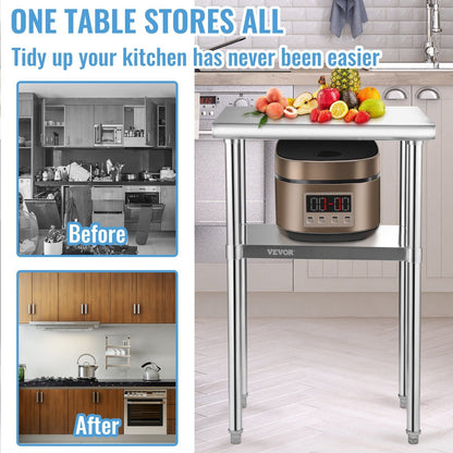 VEVOR Stainless Steel Prep Table, 24 x 18 x 36 Inch, 600lbs Load Capacity Heavy Duty Metal Worktable with Adjustable Undershelf & Feet, Commercial Workstation for Kitchen Restaurant Garage Backyard - Renee Lane Company