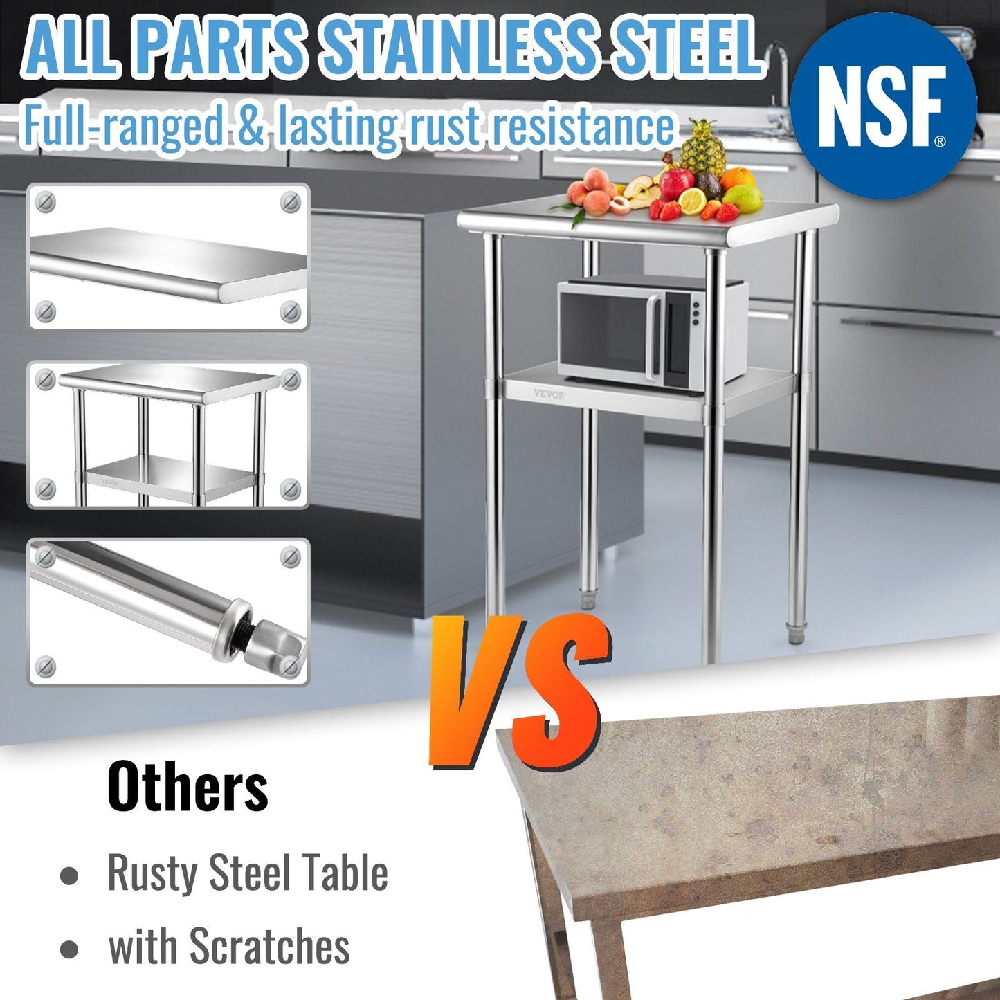 VEVOR Stainless Steel Prep Table, 24 x 18 x 36 Inch, 600lbs Load Capacity Heavy Duty Metal Worktable with Adjustable Undershelf & Feet, Commercial Workstation for Kitchen Restaurant Garage Backyard - Renee Lane Company