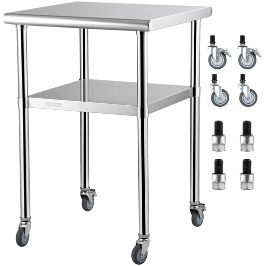 VEVOR Stainless Steel Prep Table, 24 x 24 x 36 Inch, 600lbs Load Capacity Heavy Duty Metal Worktable with Adjustable Undershelf & Universal Wheels, Commercial Workstation for Kitchen Garage Backyard - Renee Lane Company
