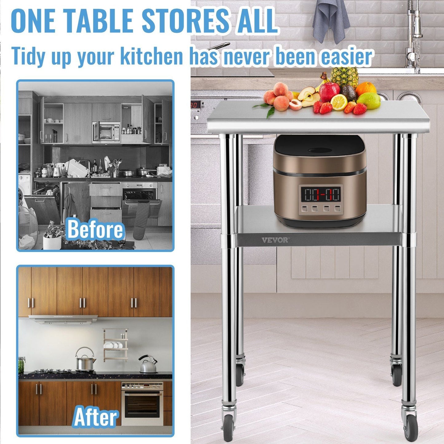 VEVOR Stainless Steel Prep Table, 24 x 24 x 36 Inch, 600lbs Load Capacity Heavy Duty Metal Worktable with Adjustable Undershelf & Universal Wheels, Commercial Workstation for Kitchen Garage Backyard - Renee Lane Company