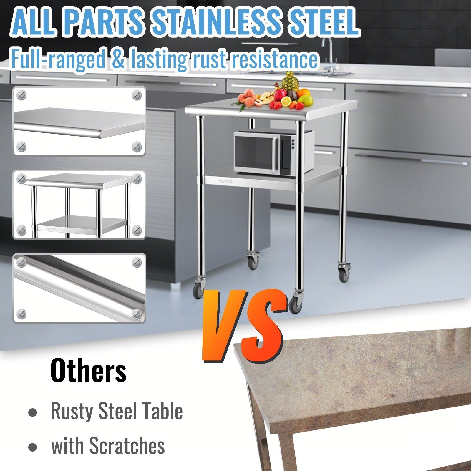 VEVOR Stainless Steel Prep Table, 24 x 24 x 36 Inch, 600lbs Load Capacity Heavy Duty Metal Worktable with Adjustable Undershelf & Universal Wheels, Commercial Workstation for Kitchen Garage Backyard - Renee Lane Company