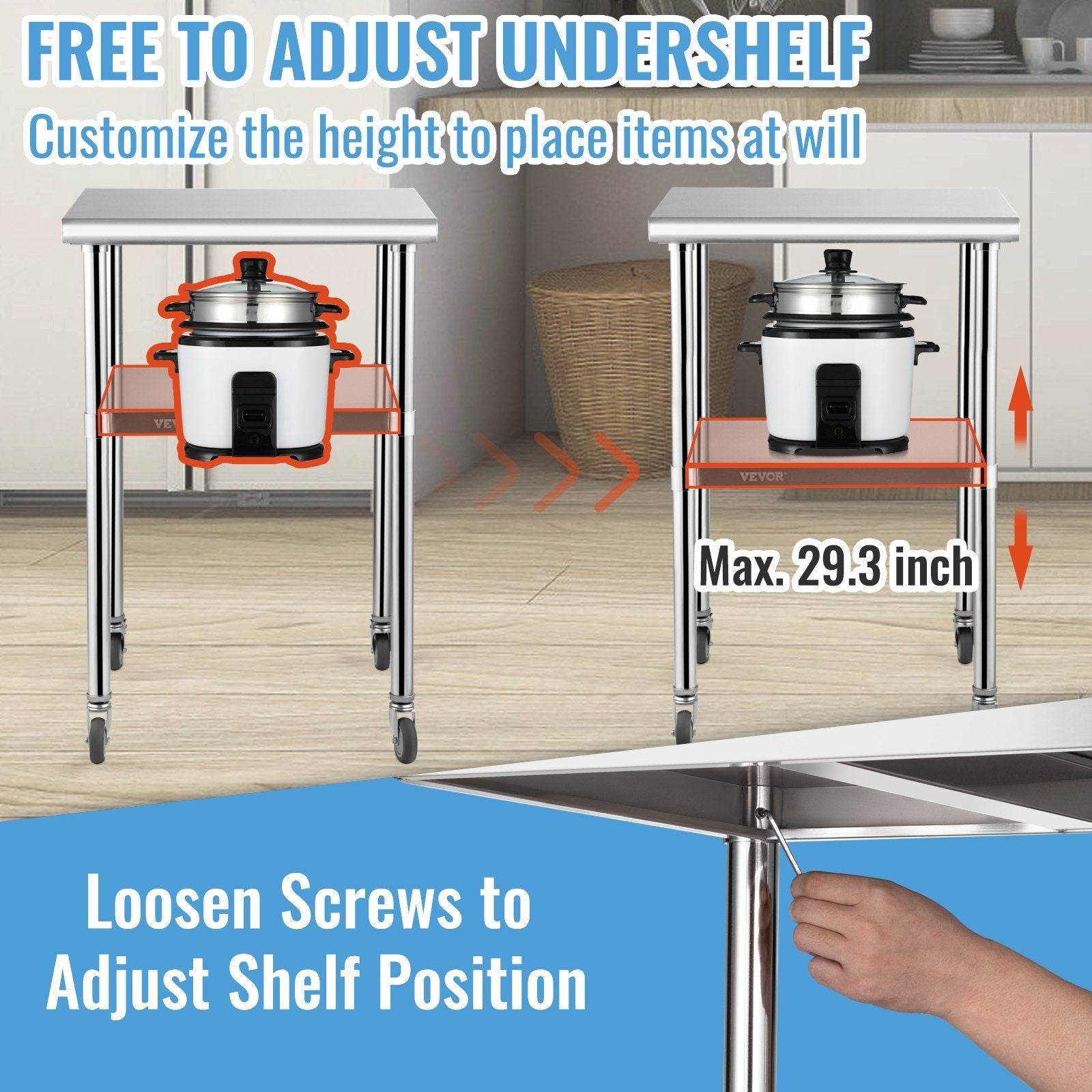 VEVOR Stainless Steel Prep Table, 24 x 24 x 36 Inch, 600lbs Load Capacity Heavy Duty Metal Worktable with Adjustable Undershelf & Universal Wheels, Commercial Workstation for Kitchen Garage Backyard - Renee Lane Company