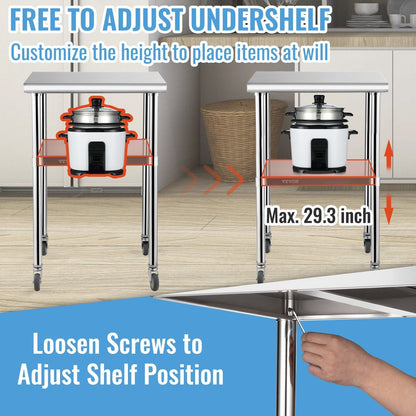 VEVOR Stainless Steel Prep Table, 24 x 24 x 36 Inch, 600lbs Load Capacity Heavy Duty Metal Worktable with Adjustable Undershelf & Universal Wheels, Commercial Workstation for Kitchen Garage Backyard - Renee Lane Company