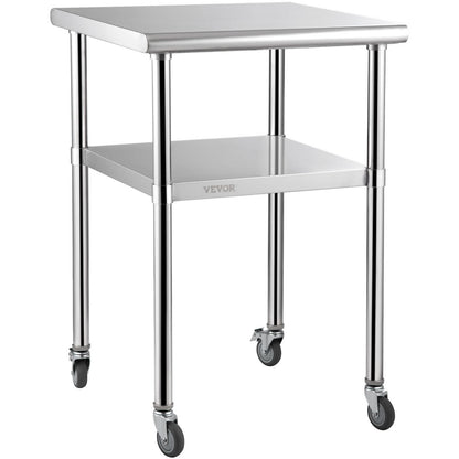 VEVOR Stainless Steel Prep Table, 24 x 24 x 36 Inch, 600lbs Load Capacity Heavy Duty Metal Worktable with Adjustable Undershelf & Universal Wheels, Commercial Workstation for Kitchen Garage Backyard - Renee Lane Company