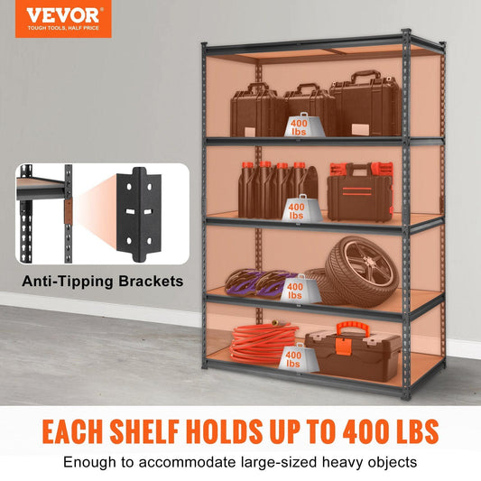 VEVOR Storage Shelving Unit, 5-Tier Adjustable, 2000 lbs Capacity, Heavy Duty Garage Shelves Metal Organizer Utility Rack, Black, 48" L x 24" W x 72" H for Kitchen Pantry Basement Bathroom Laundry - Renee Lane Company