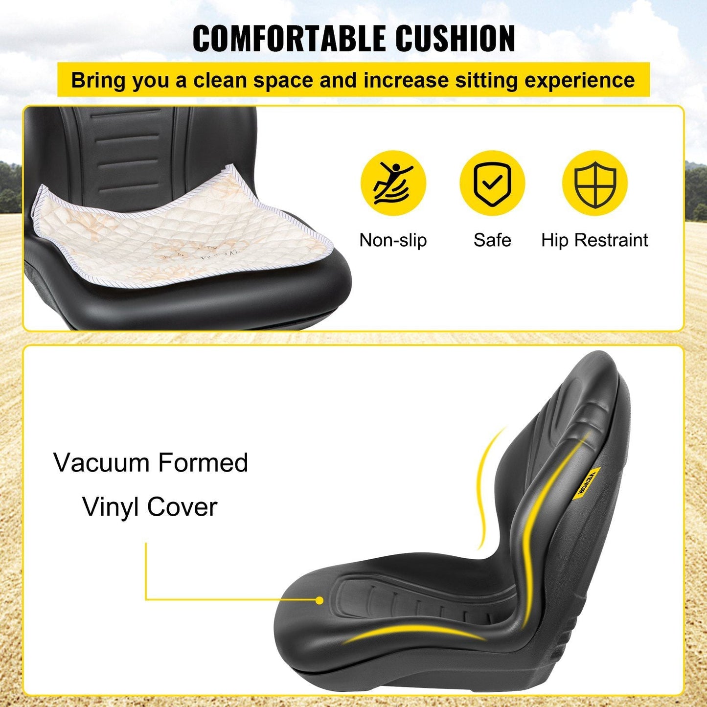 VEVOR Universal Tractor Seat Replacement 2 Pack, Compact High Back Mower Seat Pair, Black Vinyl Forklift Seat, Central Drain Hole Skid Steer Seat with Mounting Bolt Patterns - Renee Lane Company