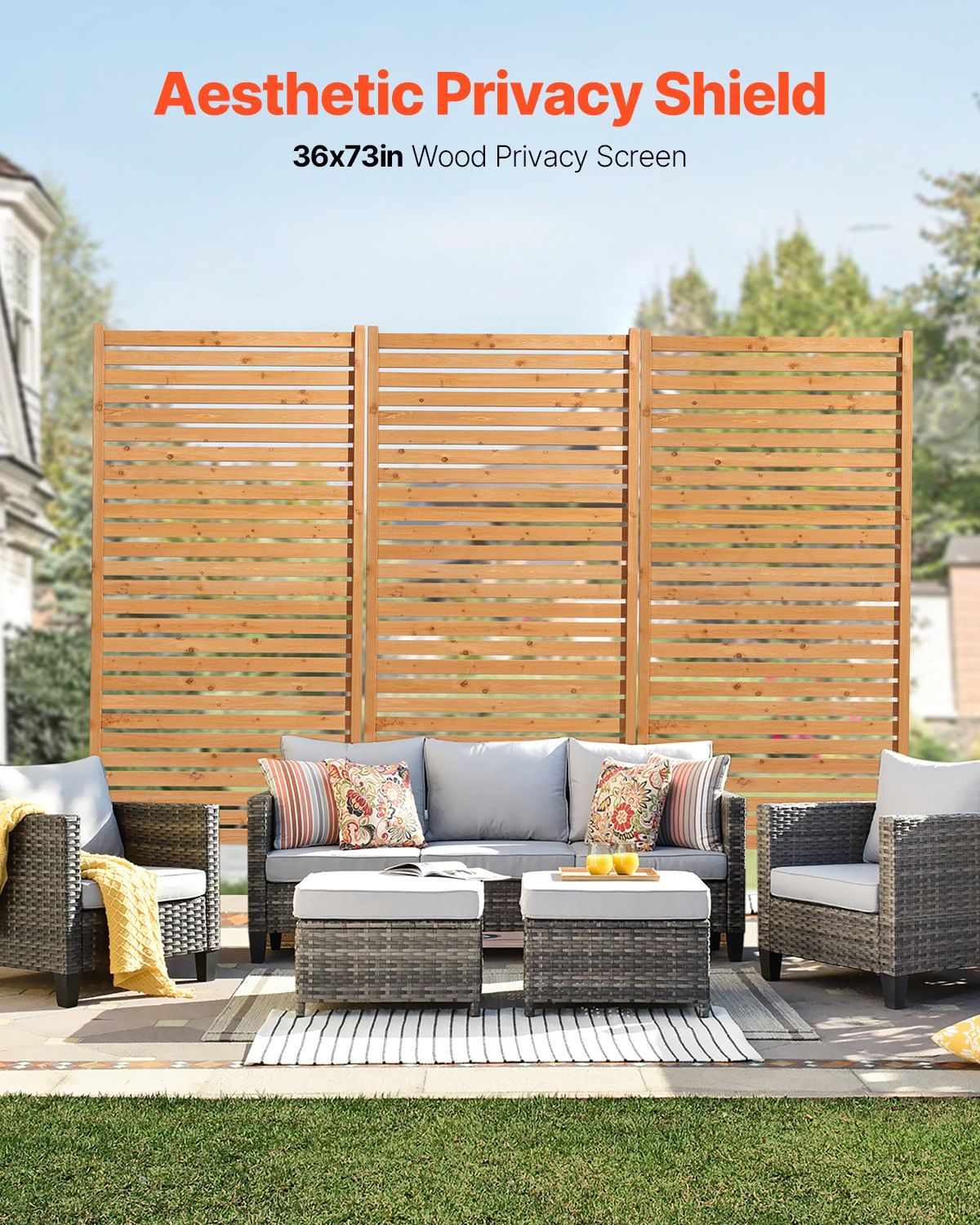 VEVOR Wooden Privacy Screen, 36" W x 76" H Outdoor Privacy Screen, Freestanding Wood Privacy Panel with Stand, Decorative Patio Privacy Screen, Outdoor Divider for Balcony Patio Lawn Garden - Renee Lane Company