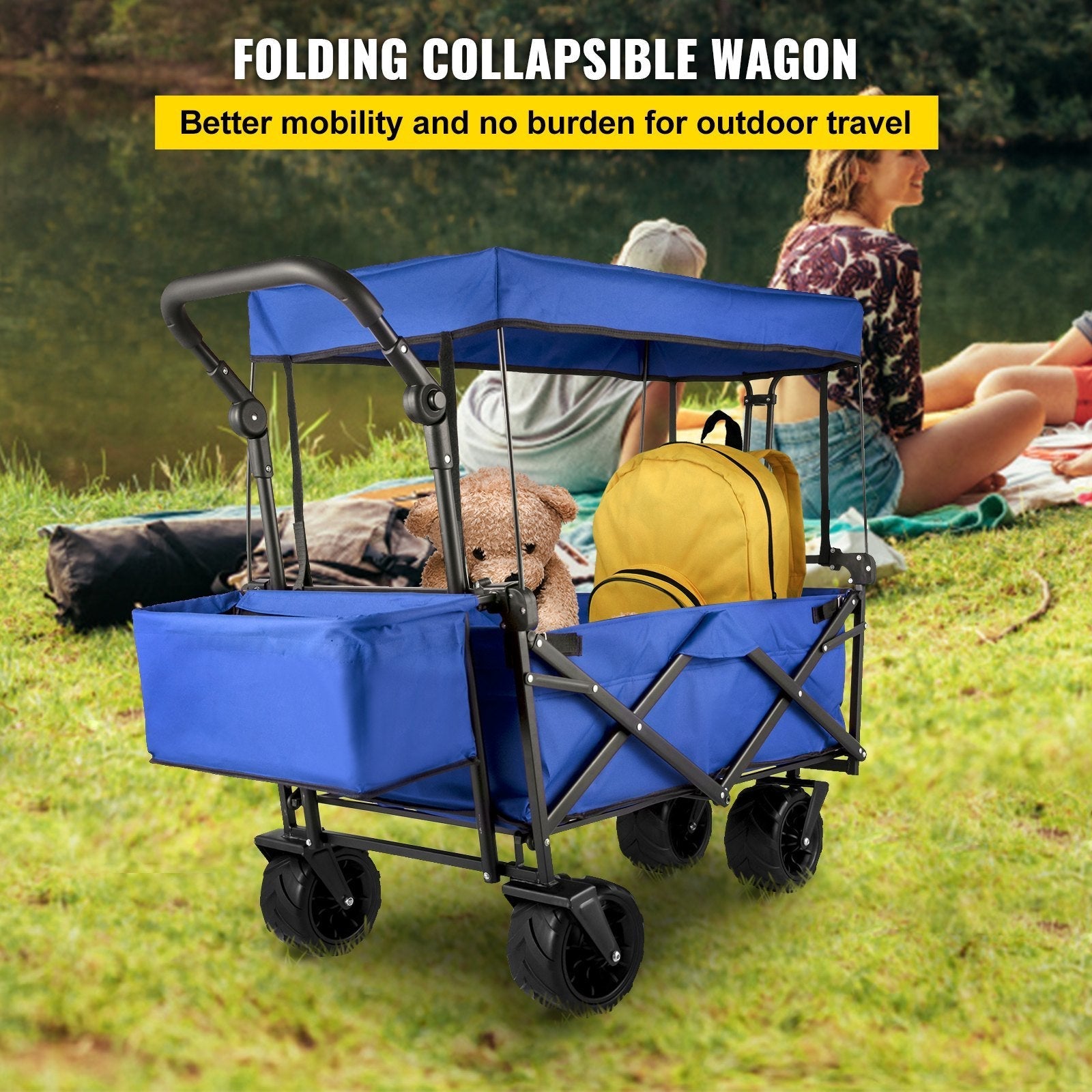 VEVOR XL Folding Wagon with Canopy, Heavy-Duty Steel Frame, Blue - Renee Lane Company