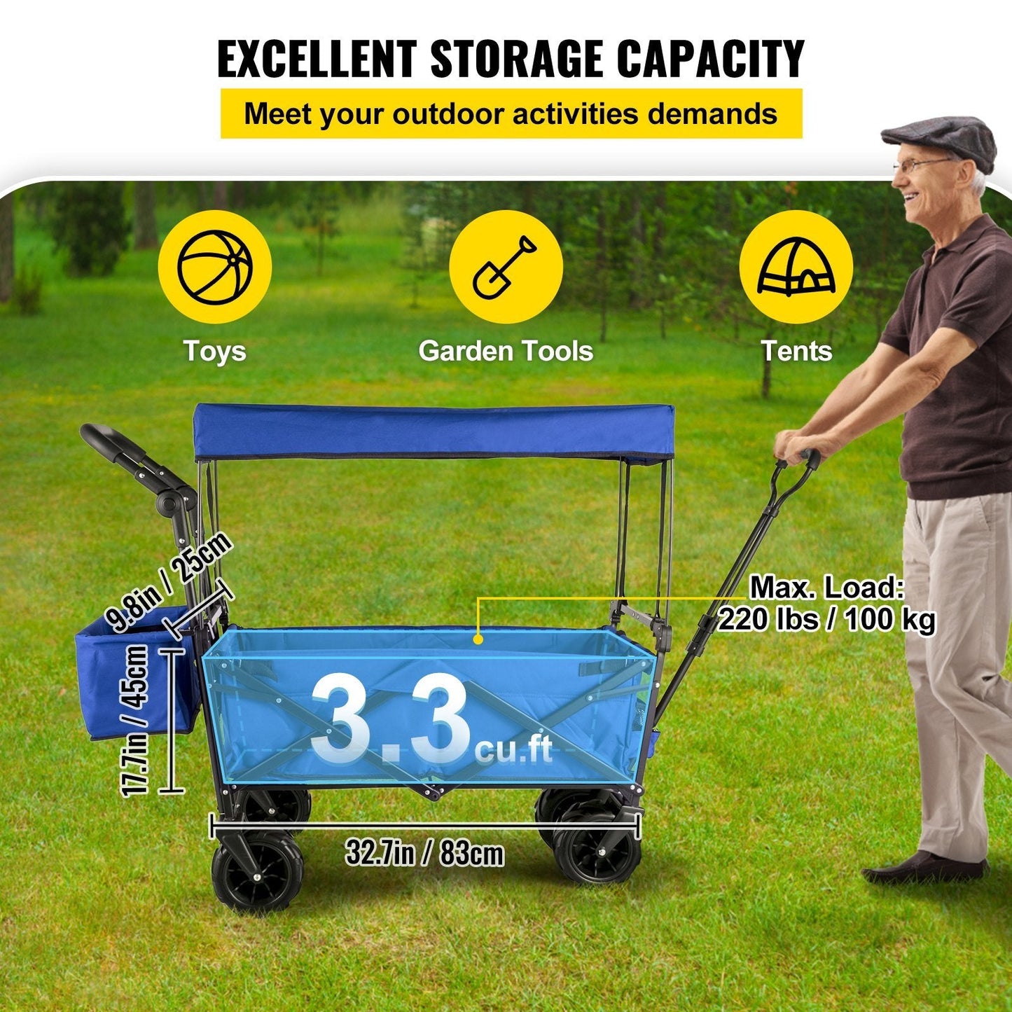 VEVOR XL Folding Wagon with Canopy, Heavy-Duty Steel Frame, Blue - Renee Lane Company